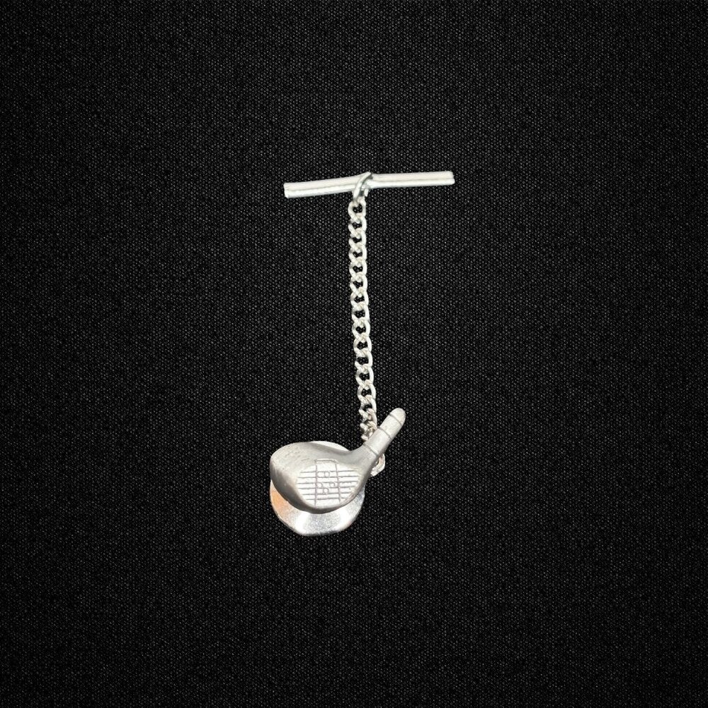 Silvertone Golf Head Tie Tack Lapel Pin w/ Chain